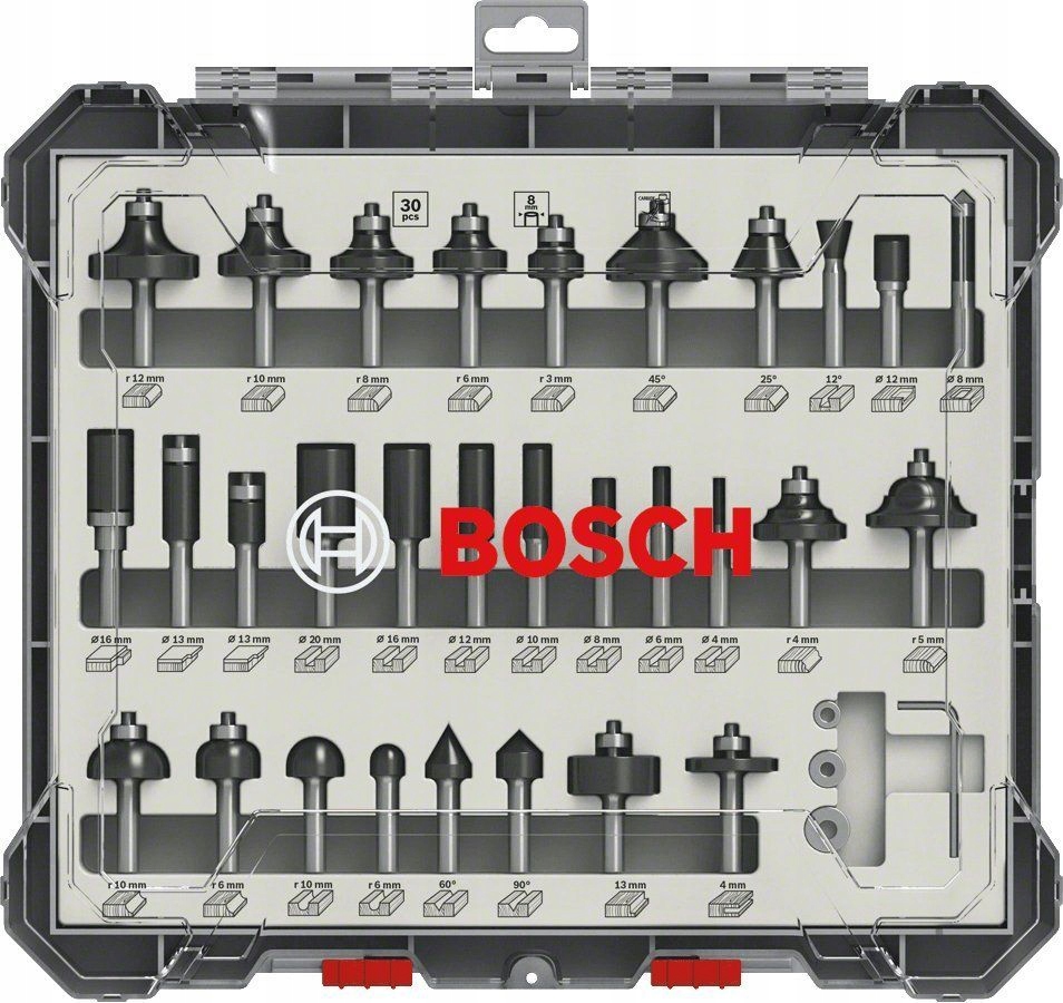ZESTAW FREZÓW 30 SZTUK UCHWYT 8 MM + MIARA BOSCH