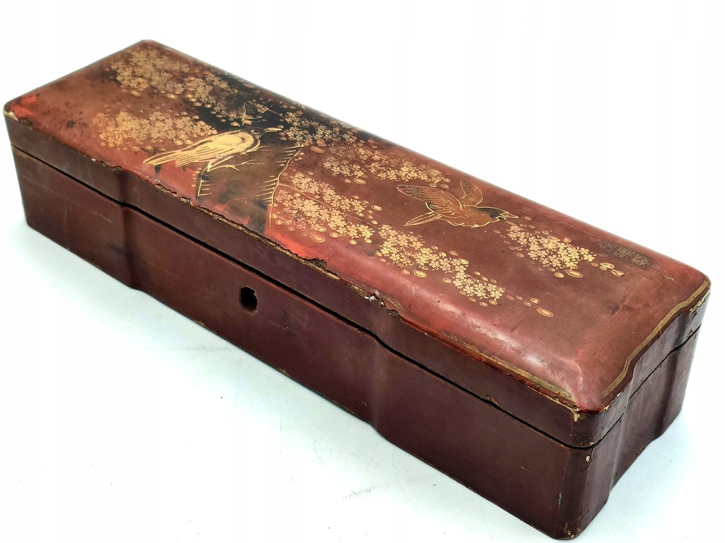 Stara szkatułka drewniana - JAPONIA - XIX wiek - ręcznie malowana - ptaki