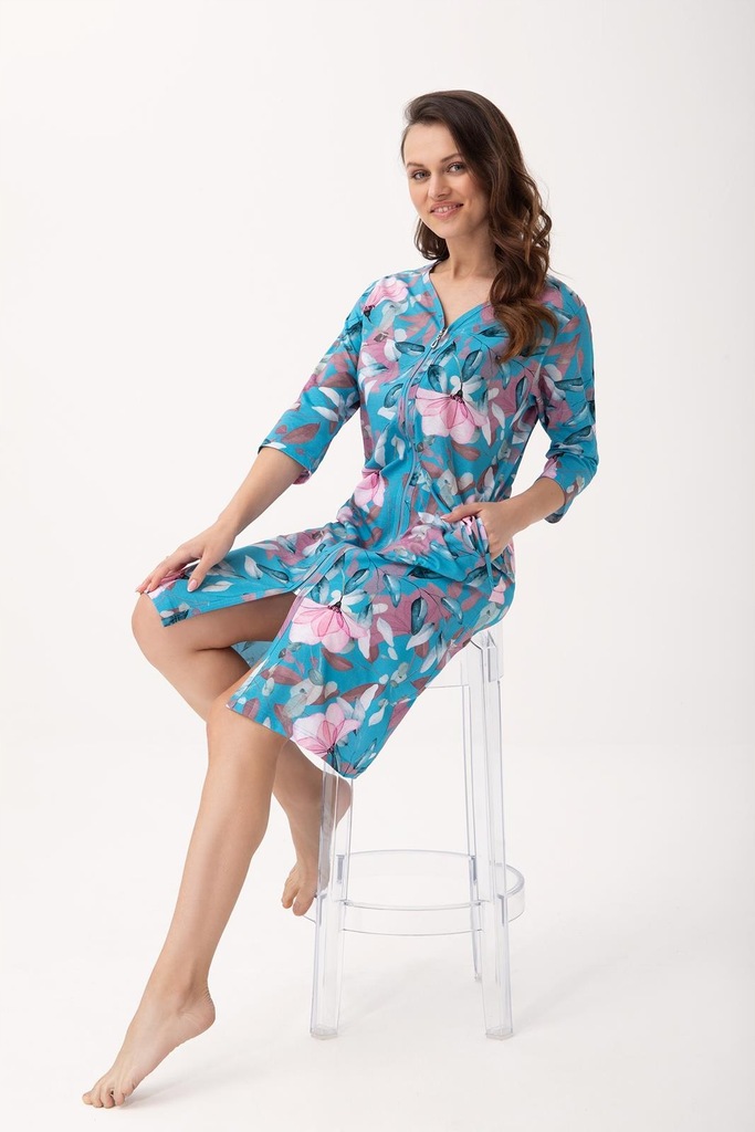 SZLAFROK DAMSKI LUNA turkusowy w różowe kwiaty M