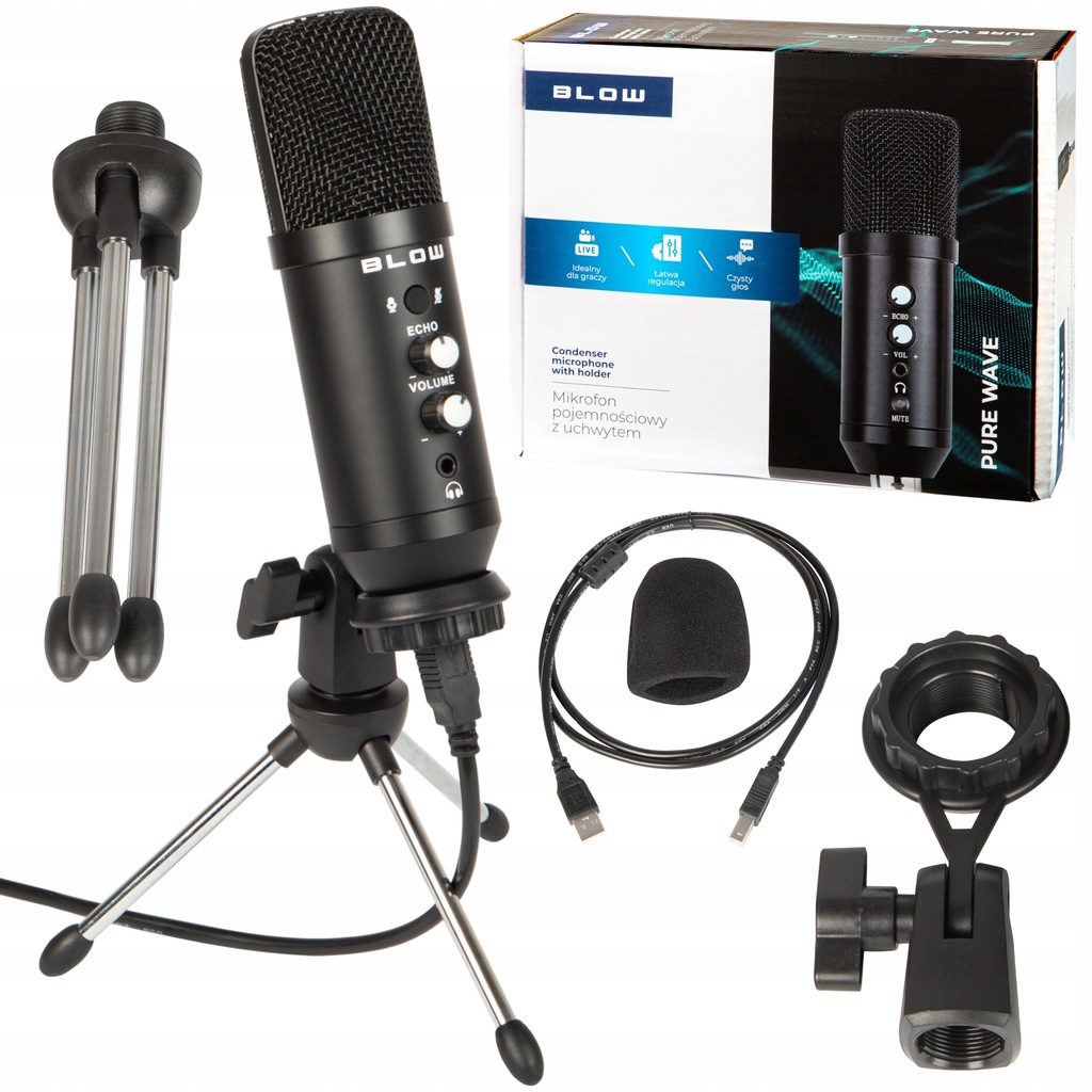 MIKROFON BLOW USB Z TRIPODEM I REGULACJĄ ECHO, VOLUME, WEJŚCIE SŁUCHAWKOWE