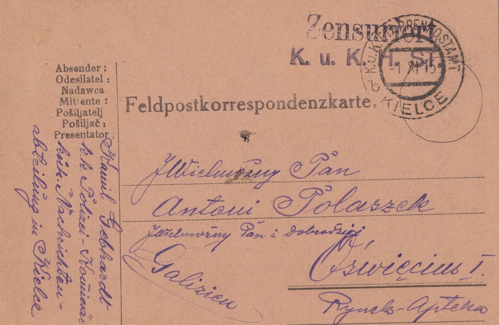 FELDPOST POLICJA KIELCE OŚWIĘCIM GALICJA 1915 KUK - AUSTRO-WĘGRY