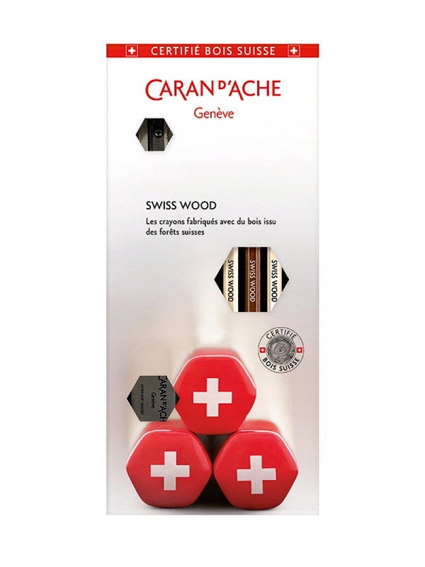 ZESTAW OŁÓWKÓW CARAN D'ACHE SWISS WOOD HB 3SZT + GUMKA I TEMPERÓWKA MIX KO