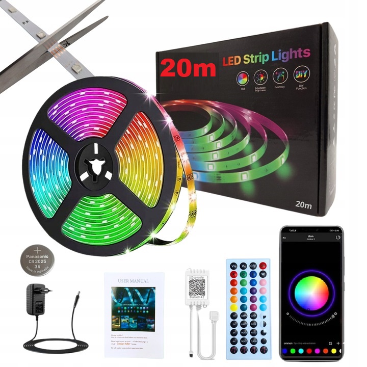 TAŚMA LED 20M Ledy RGB 5050 APLIKACJA Listwa RGBW 230v 12v MOCNA NA PILOTA