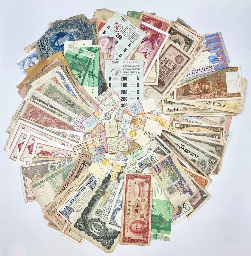 OGROMNY zestaw banknotów i kartek – ŚWIAT – 145 sztuk