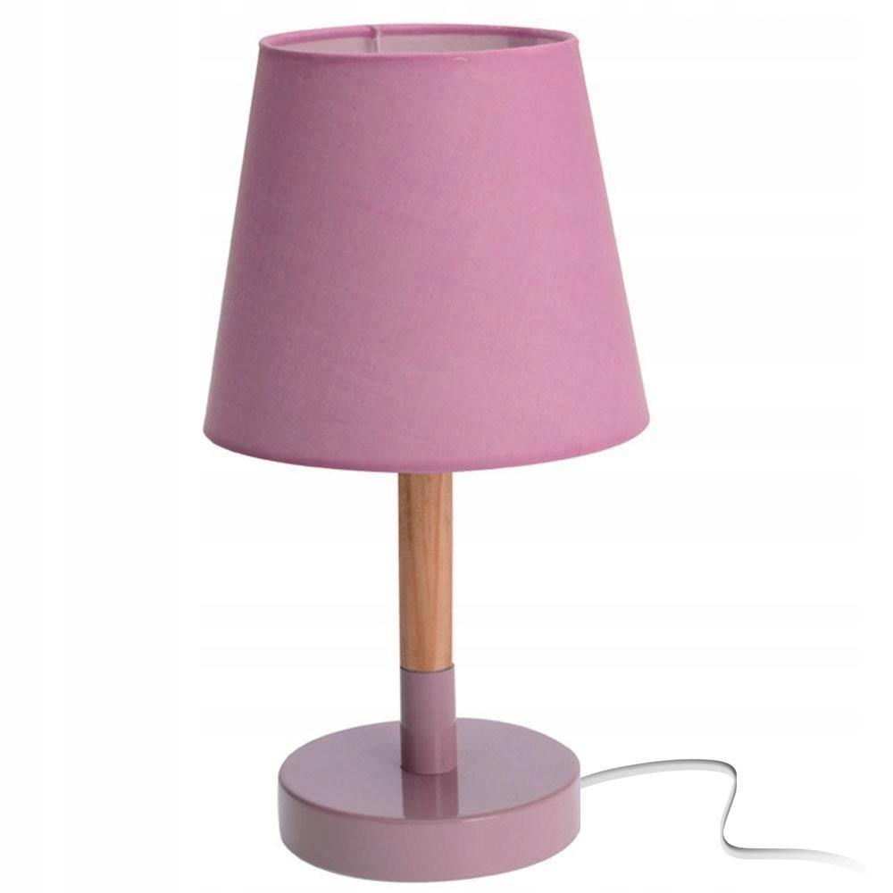Lampka stojąca z różowym abażurem Lampka nocna na drewnianej nodze i metalo