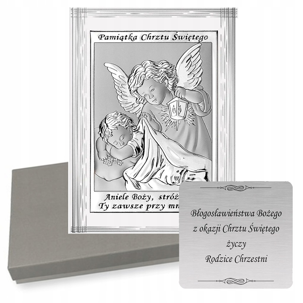 Obrazek Srebrny Anioł Stróż z latarenką Chrzest Święty GRAWER GRATIS!