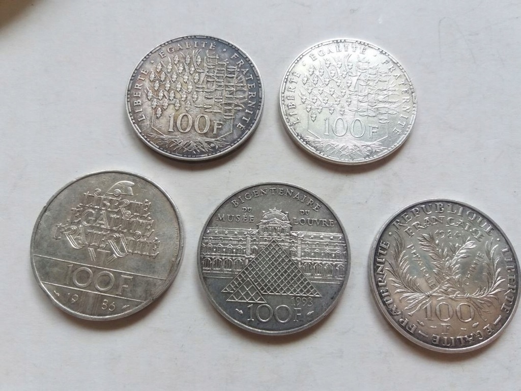 5 monet : Francja 100 fr Ag 1982 - 1993