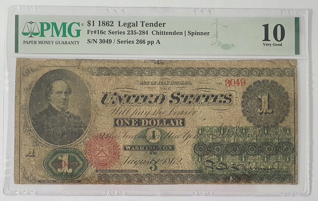 Banknot $1 One Dollar, 1862 Legal Tender PMG 10