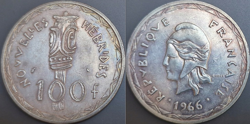 Nowe Hebrydy 100 franków 1966r. KM 1 srebro 25 gram