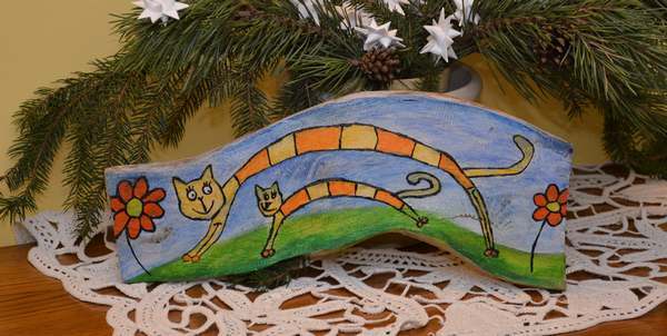 Akryl na drewnie - obrazek -Paskowane dwa koty