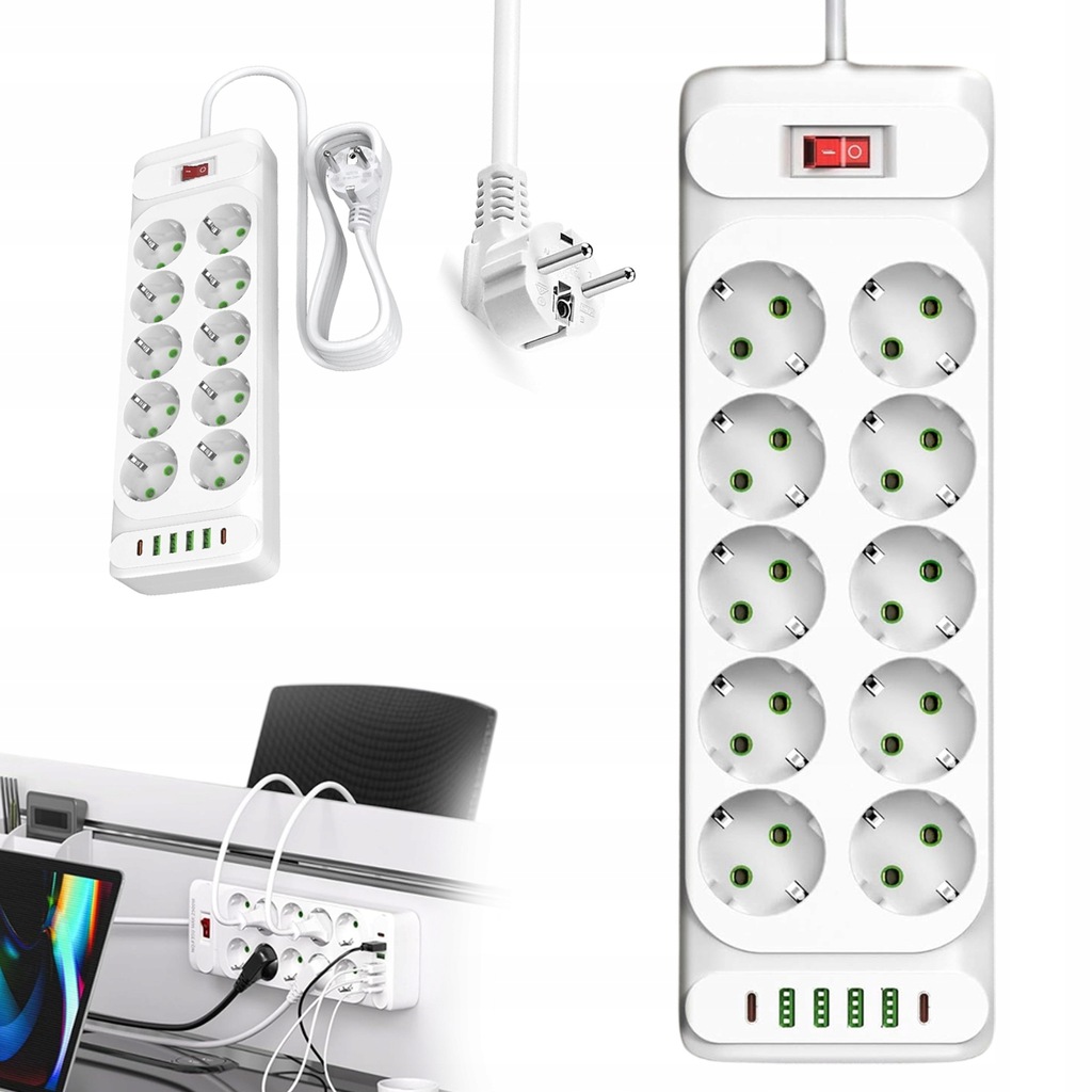 Listwa Elektryczna 2500W 10 Gniazd + 4 USB Porty 2 Typ-C Przełącznik