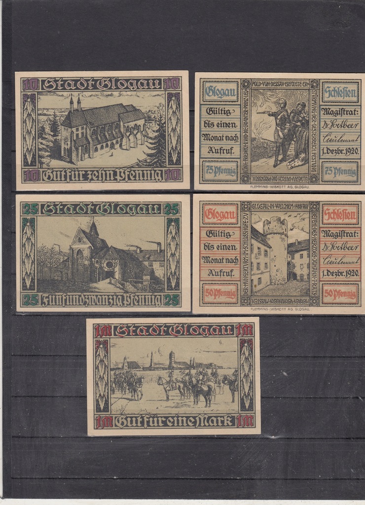 Glogow kompletna seria 5 sztuk 1920 UNC