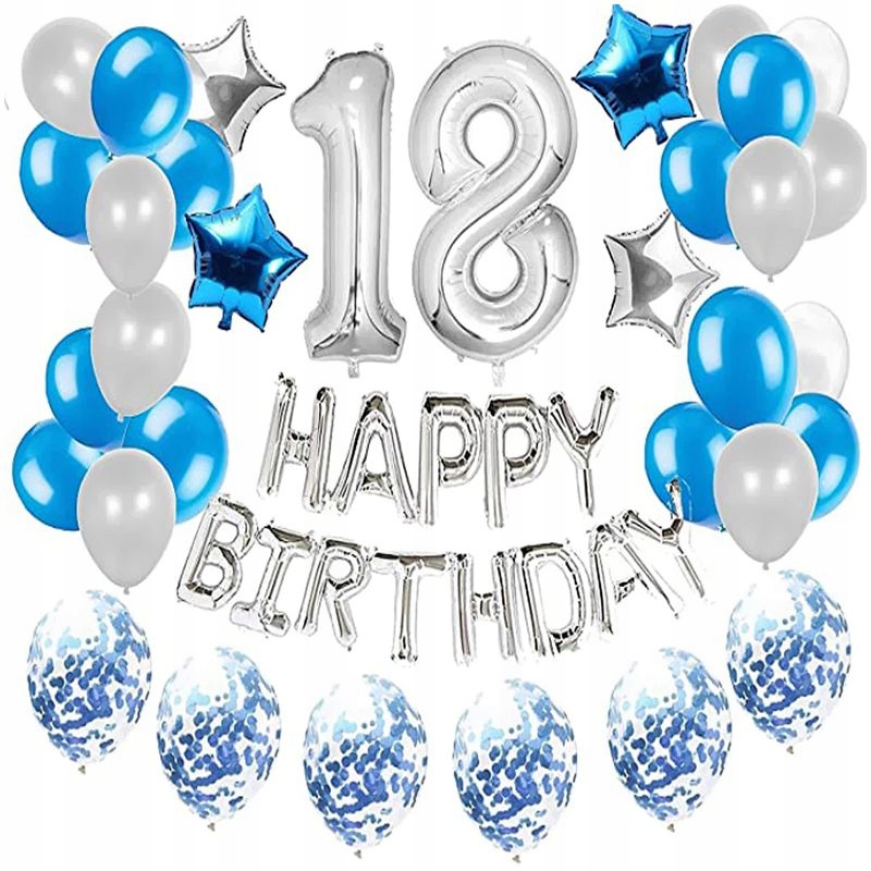 Zestaw balonów 18-ste urodziny srebrno niebieski