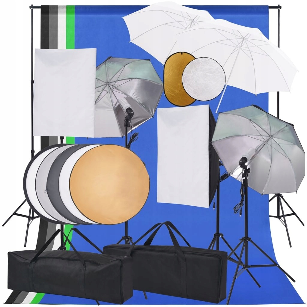 Stylowe Meble Domowe Zestaw studyjny z lampami softbox, parasolkami, tłami