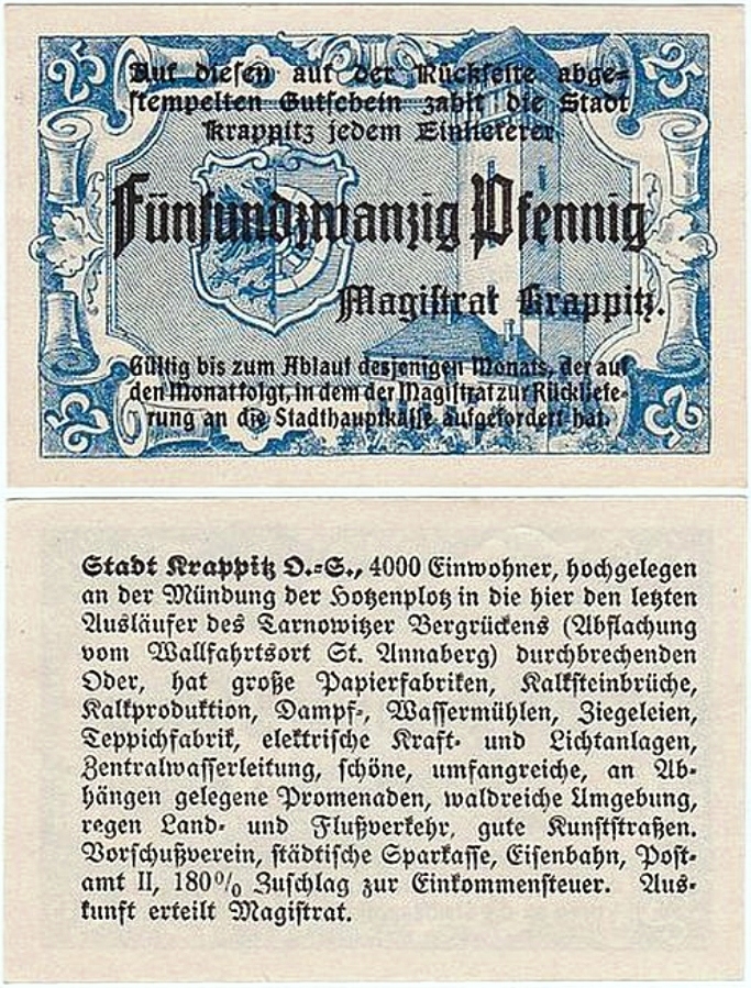 KRAPKOWICE / KRAPPITZ - 25 FENIGÓW 1920 UNC