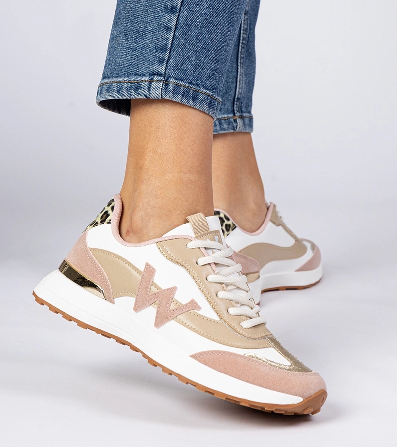 Biało-różowe sneakersy damskie z panterkowym dodatkiem Kalasa rozmiar 36