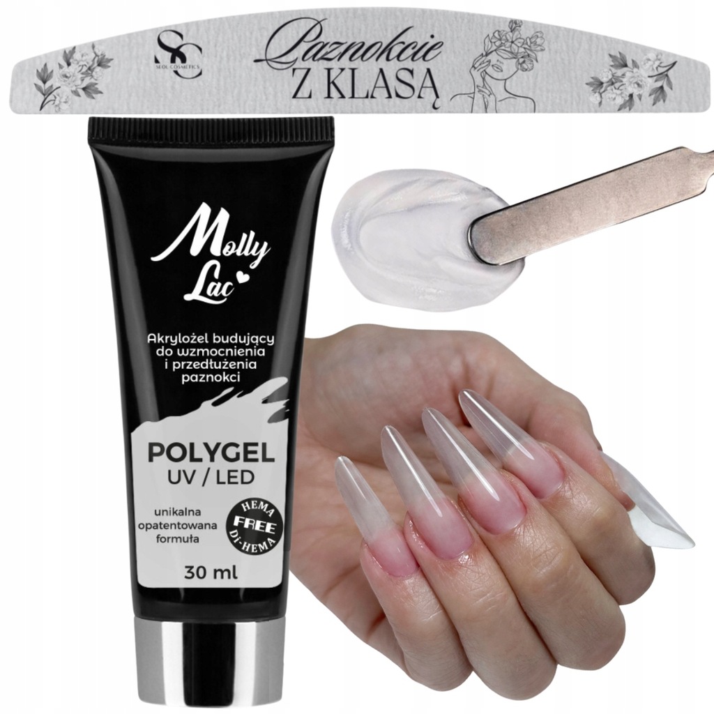 Polygel akrylożel MollyLac budujący do przedłużania paznokci CLEAR + PILNIK