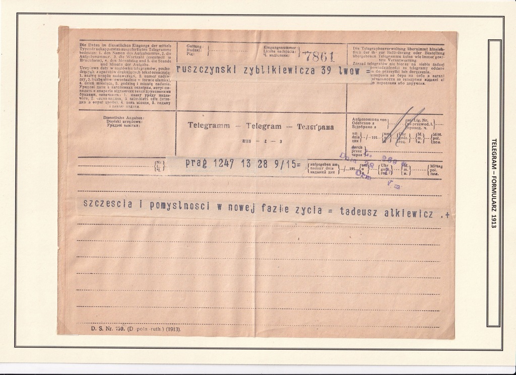 Telegram, druk austriacki w języku polski 1912 rok