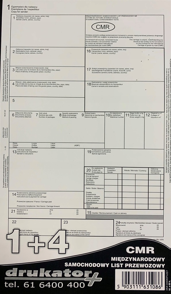 CMR międzynarodowy list przewozowy A4 1+4 Drukator Plus