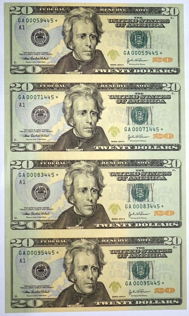 CZ USA 20 dolarów 2004 arkusz nierozcięte 4 szt.