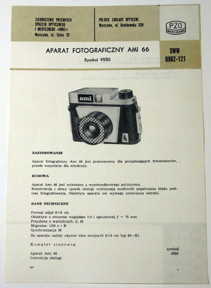 Aparat fotograficzny AMI 66 - ulotka reklamowa _ PZO - Warszawa _ PRL