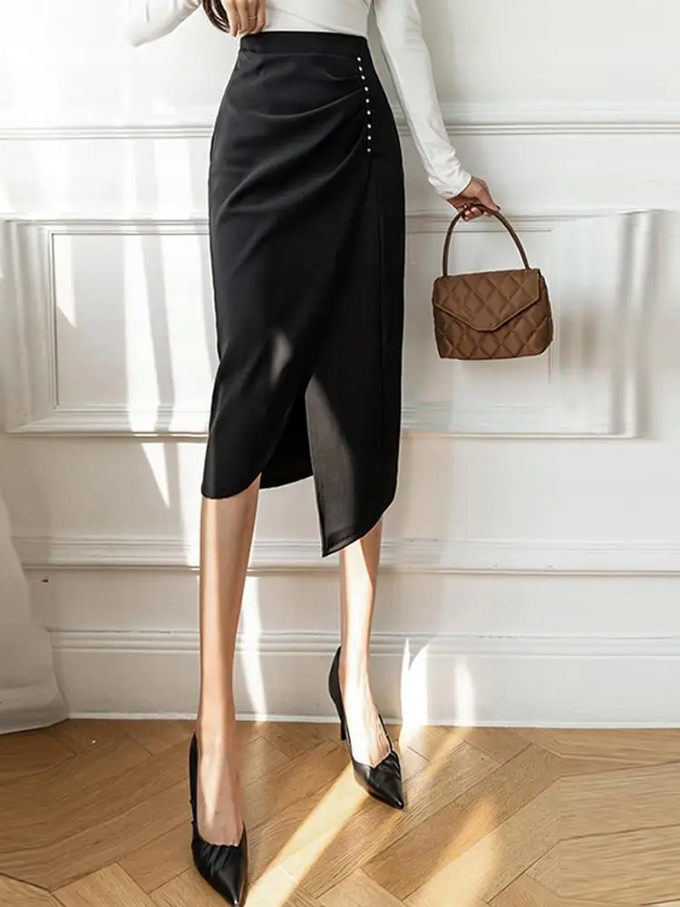 Asymmetrical Solid Color Skirts High Waist Slit Ju