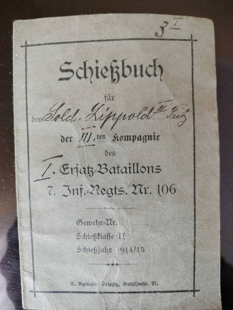 książeczka strzelań Glogau LIEGNITZ Legnica Głogów 1Ers-Bat.7. Inf.Reg 106