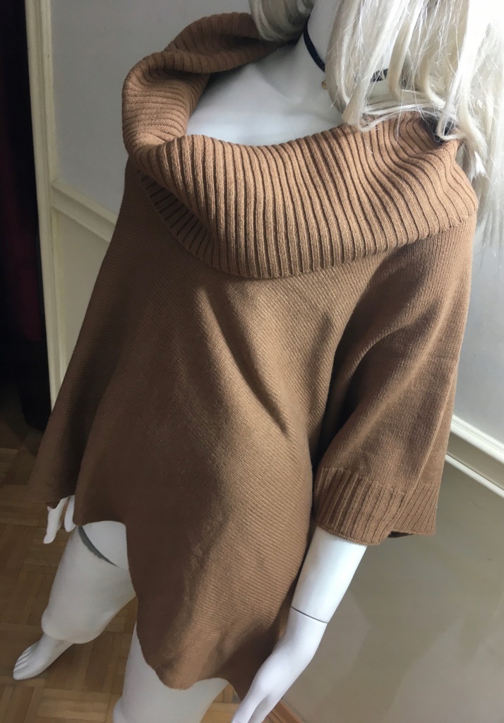 H&M BEŻOWE PONCZO NUDE SZEROKI GOLF VINTAGE