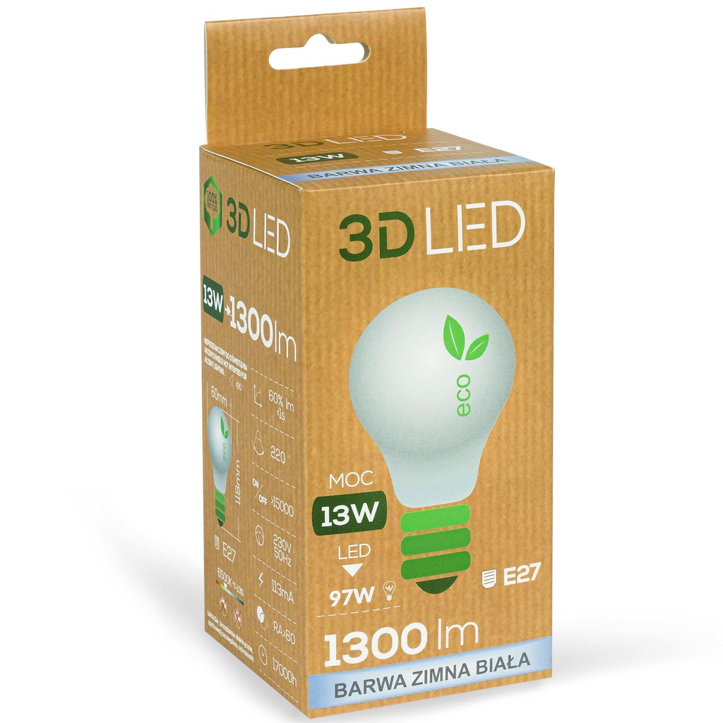 Żarówka 3D LED ECO E27 zimna biała 13W 1300 lm