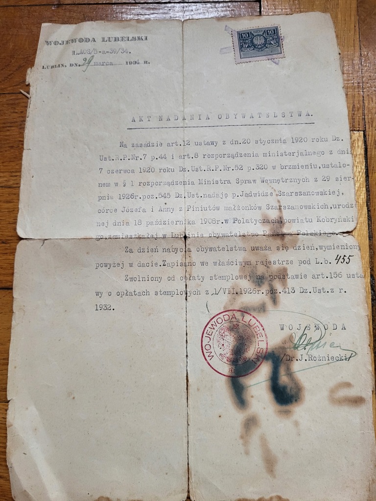 Akt Nadania Obywatlelstwa 1934 podpis Wojewody Lubelskiego