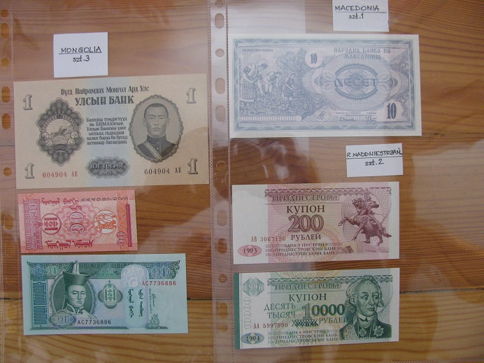Banknoty 6 szt MONGOLIA+MACEDONIA+NADNIESTRZE UNC