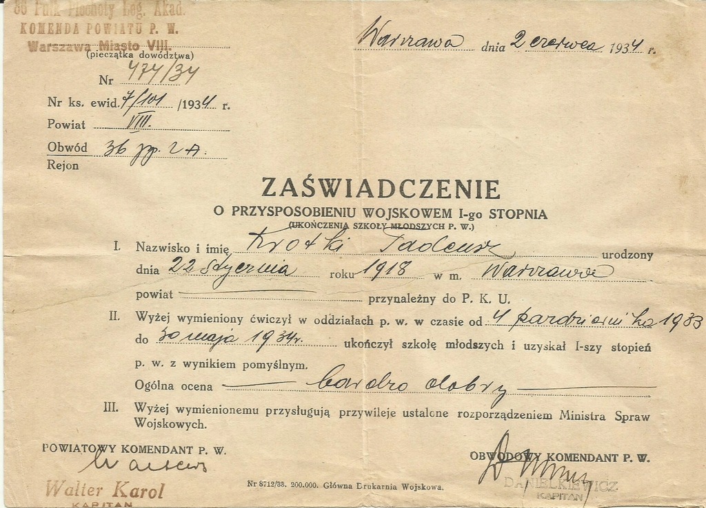 Legia Akademicka 1934 Warszawa zaświadczenie