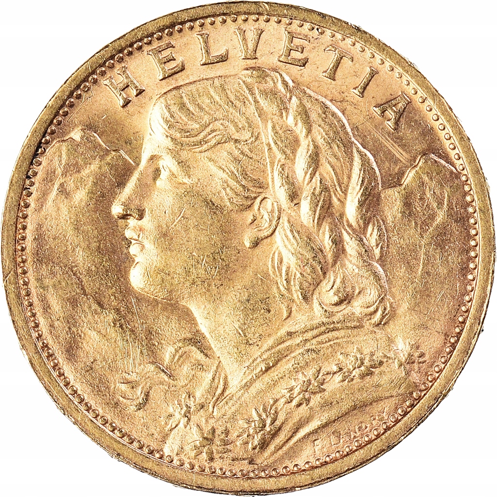 Moneta, Szwajcaria, 20 Francs, 1908, Bern, AU(55-5