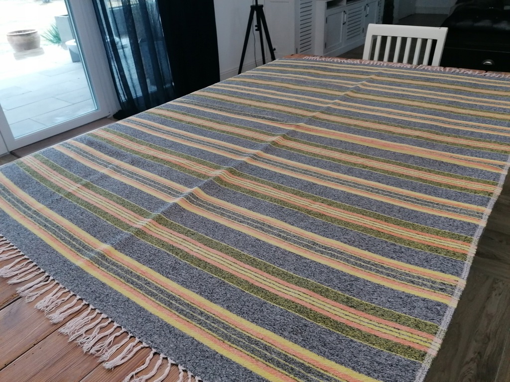 TKANY WEŁNIANY KILIM KAPA NARZUTA PASIAK FRĘDZLE 140 x 208 cz2