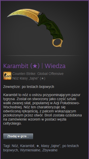 Kosa cs go Karambit Wiedza/lore