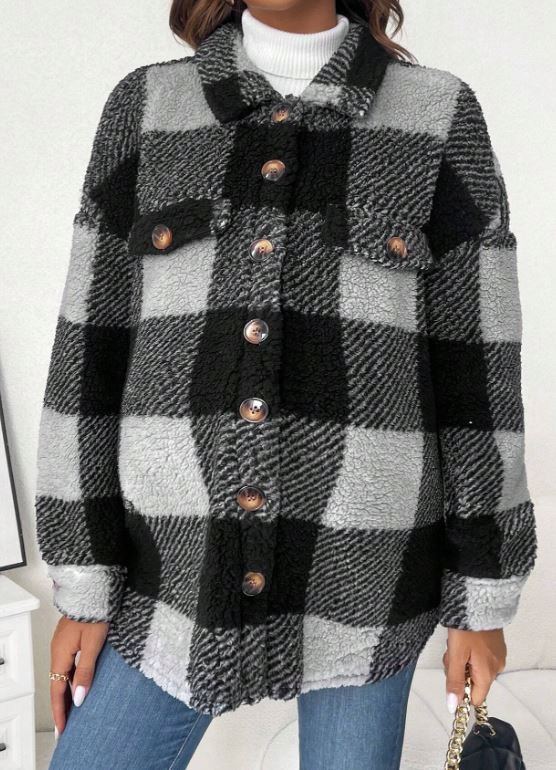 SHEIN MATERNITY PŁASZCZ W KRATKĘ SZARO-CZARNY PLUSZOWY XL 074