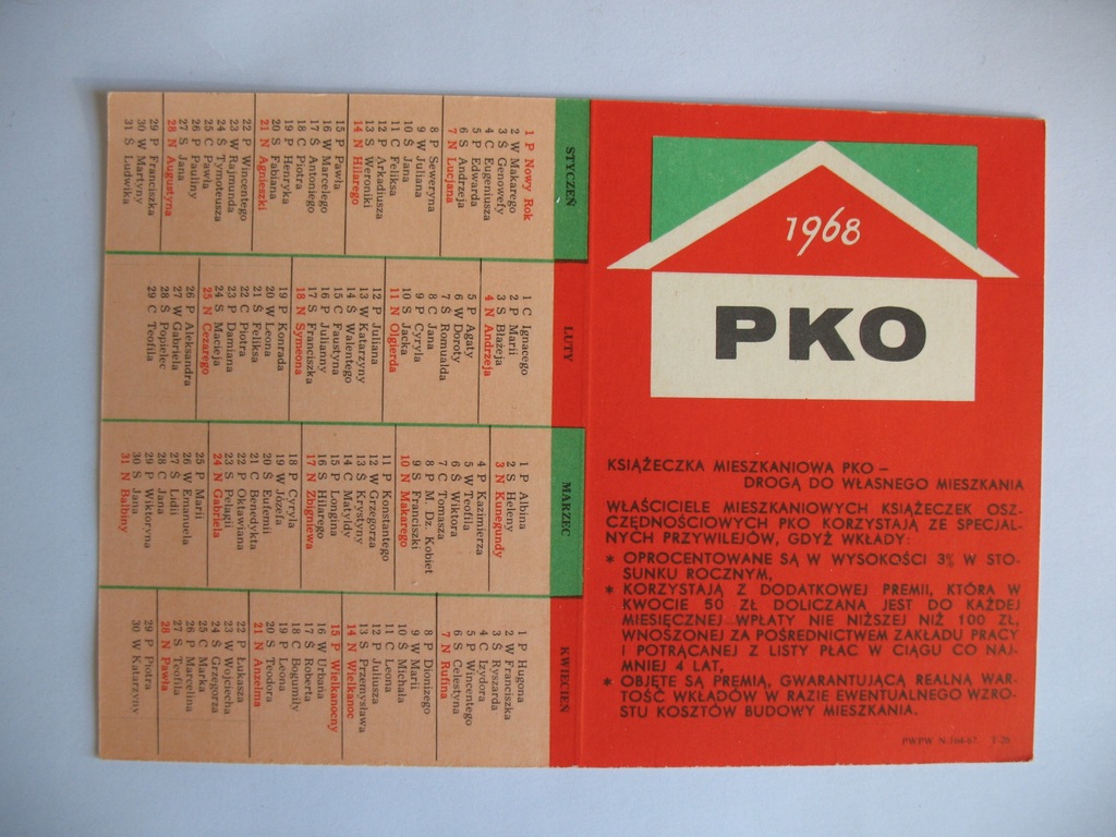BANK PKO stary KALENDARZYK REKLAMOWY NA ROK 1968
