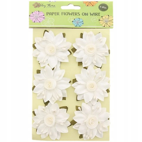 Kwiaty papierowe 6 sztuk białe z pręcikami