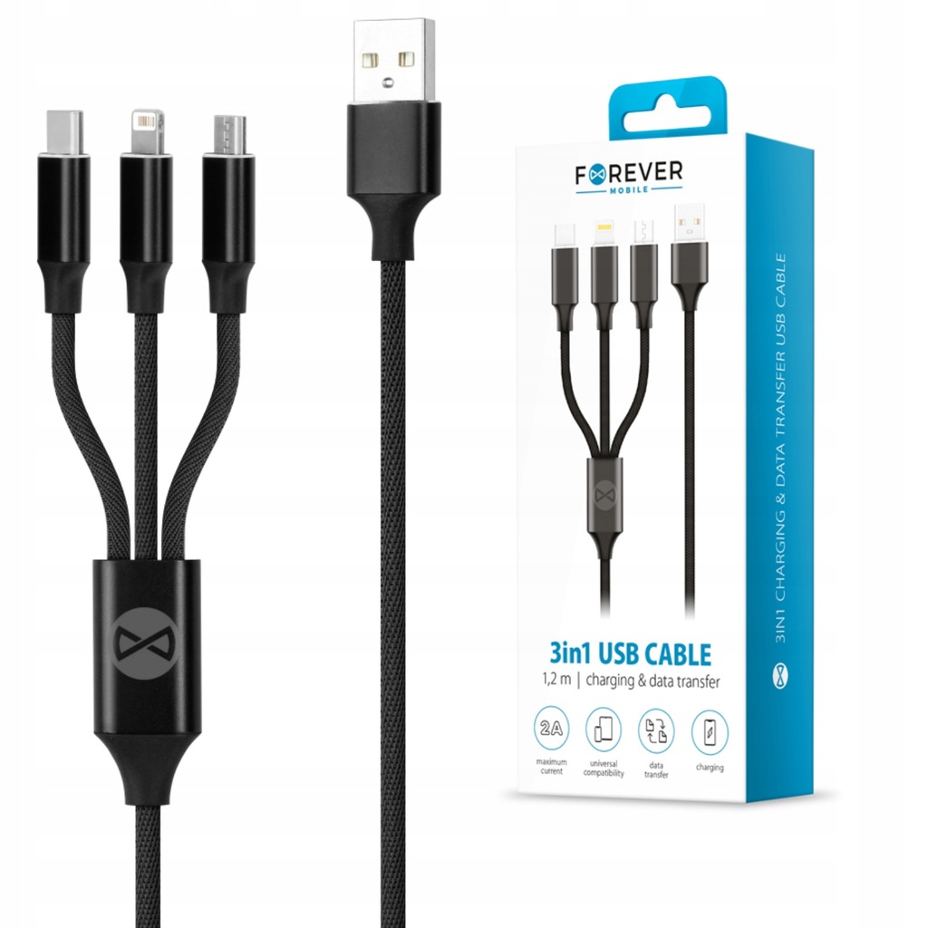 Kabel 3w1 USB Lightning USB-C microUSB 1,2 m 2A
