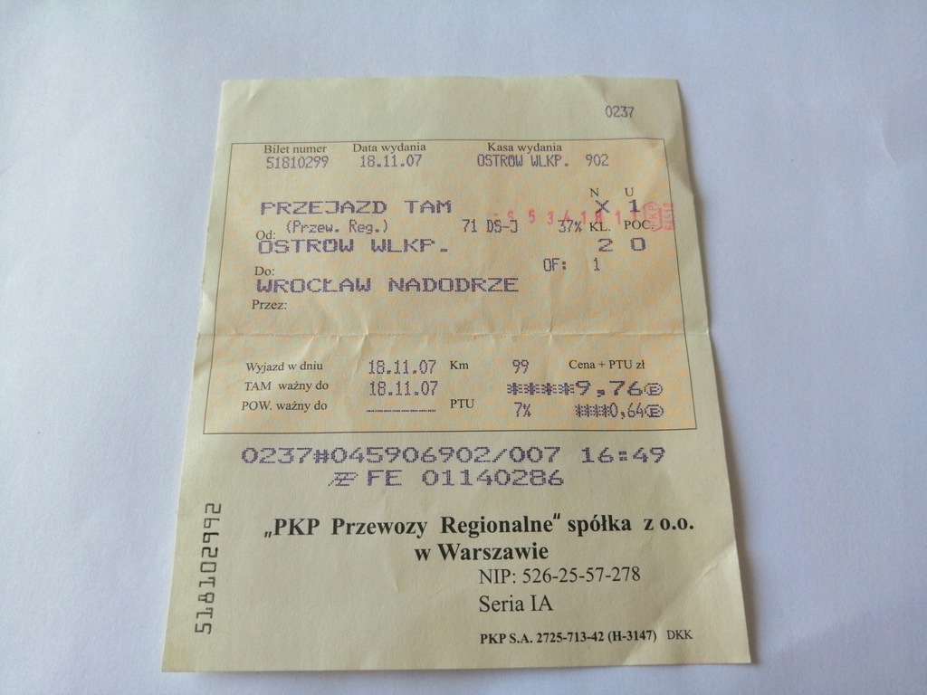 BILET KOLEJOWY PKP OSTRÓW WLKP - WROCŁAW NADODRZE