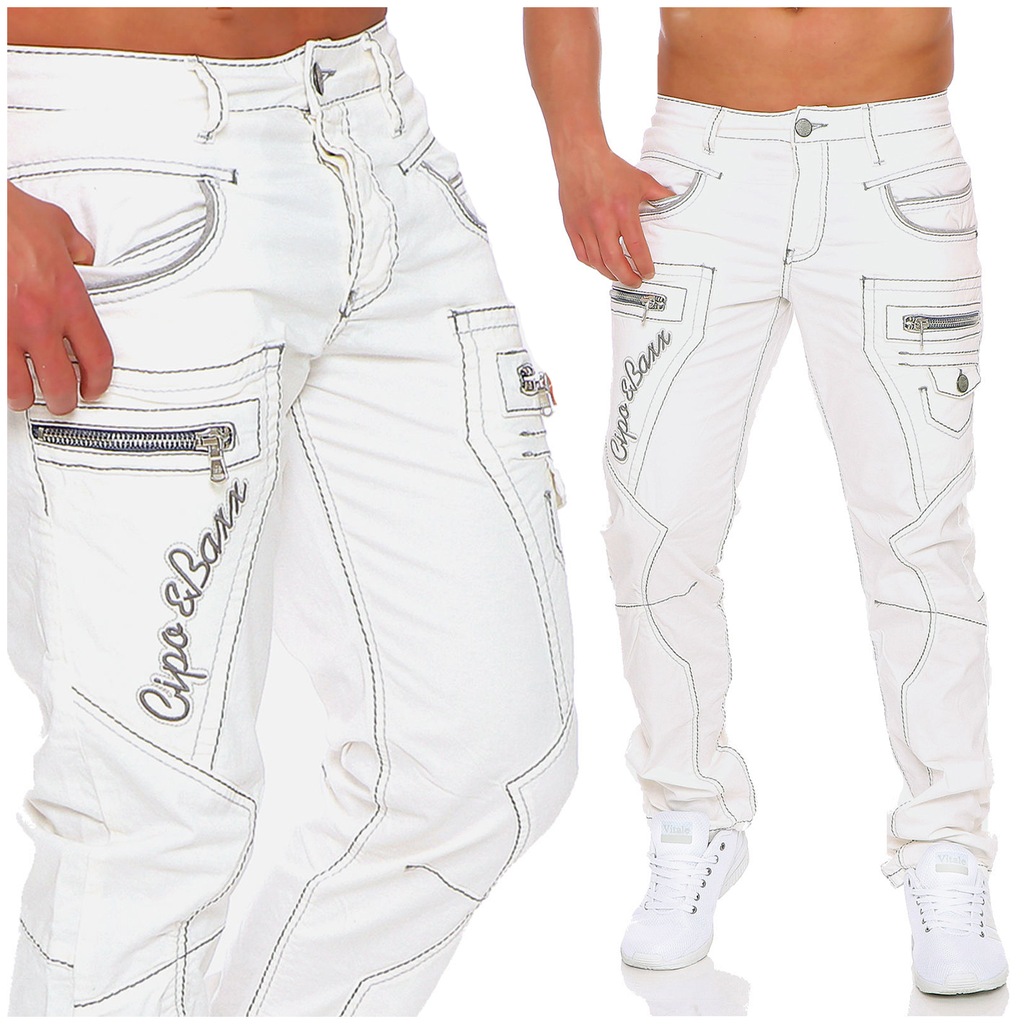 Cipo Baxx Spodnie Jeansy Białe Zamki Light