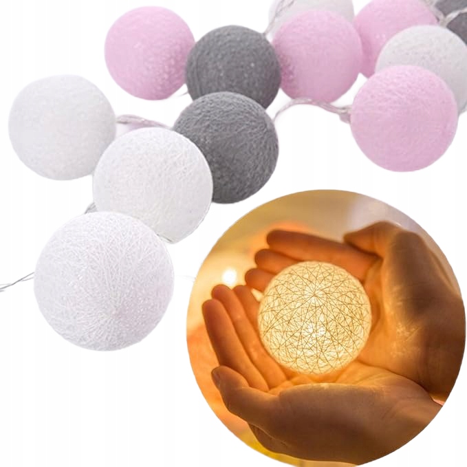 COTTON BALLS 20 LED 4cm - Światełka Lampki Kulki na Baterie Różowe 3 metry