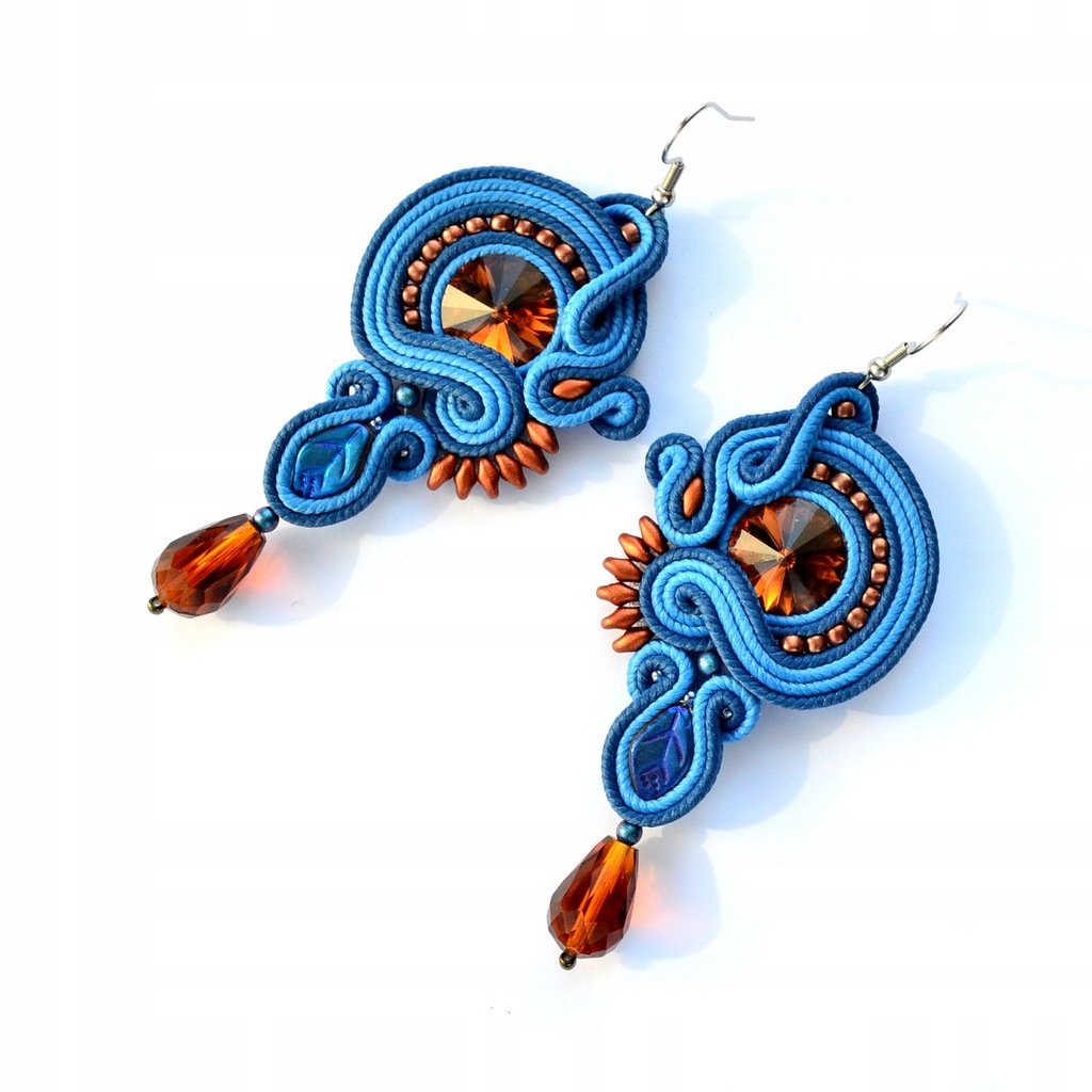 KOLCZYKI Sutasz Soutache jeansowe brąz kryształki