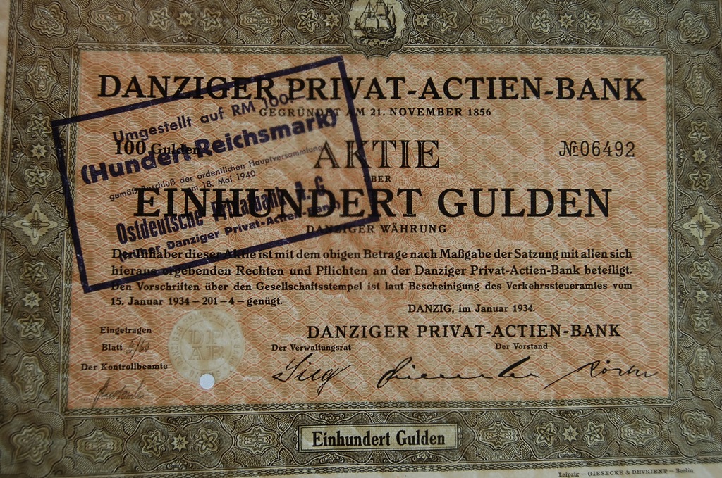 WOLNE MIASTO GDAŃSK DANZIGER PRIVAT - ACTIEN - BANK 100 GULDEN 1934 RZADKA