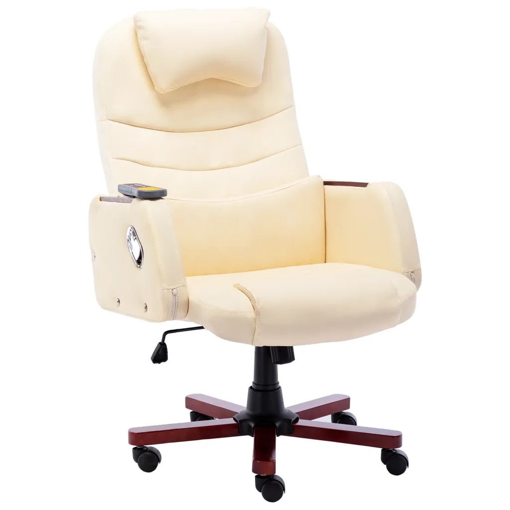 vidaXL Krzesło biurowe z funkcją masażu, kremowe,