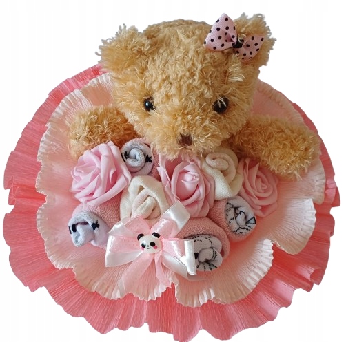 Bukiet z maskotką pluszowy miś skarpetki Chrzest urodziny