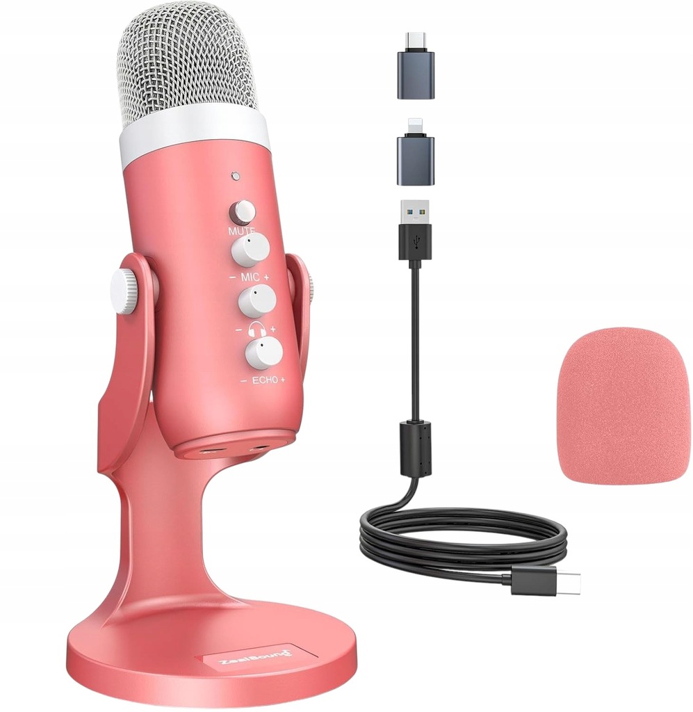 ZealSound K66 Mikrofon Pojemnościowy Jednokierunkowy Studyjny USB Różowy