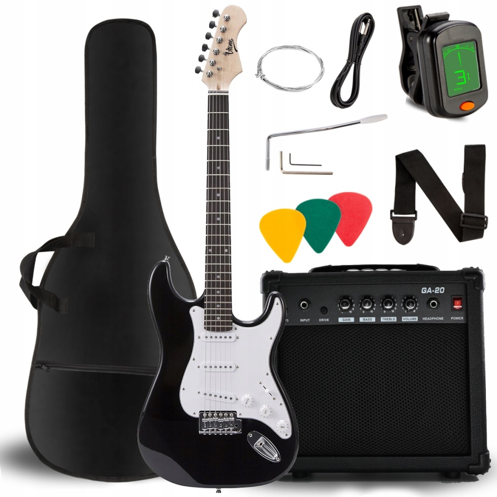 GITARA ELEKTRYCZNA STRATOCASTER 4/4 WZMACNIACZ PRZEWÓD POKROWIEC TUNER