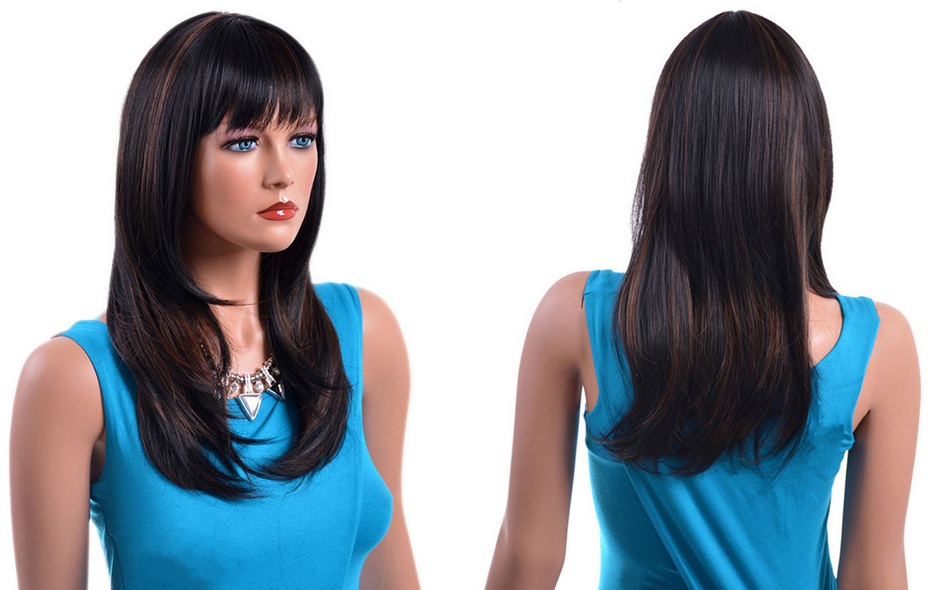 PERUKA DŁUGIE CZARNE WŁOSY JAK PRAWDZIWE Z GRZYWKĄ