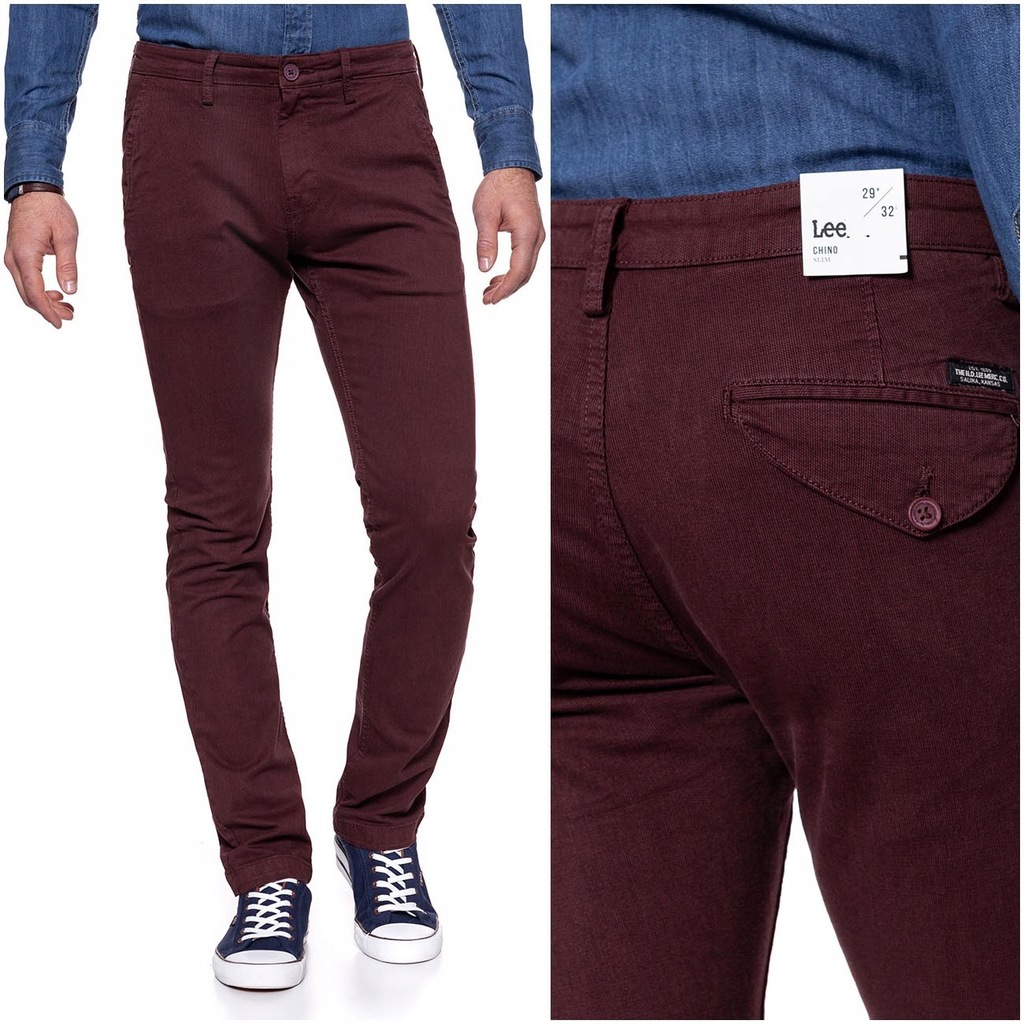 LEE CHINO BURGUNDY SPODNIE MĘSKIE MATERIAŁ W34 L32